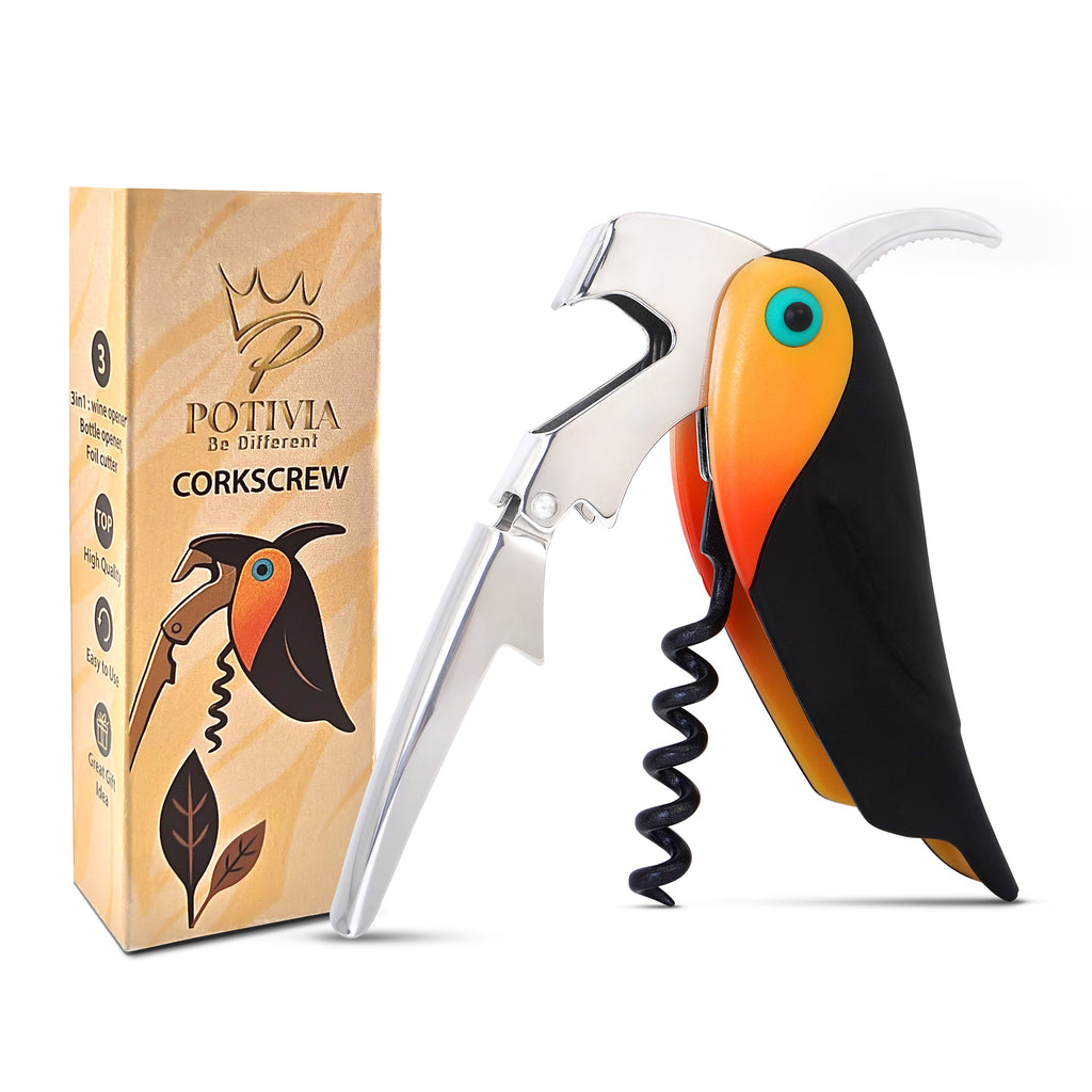 Wine Opener Waiter Corkscrew - Professional Wine Key for Servers & Bartenders with Foil Cutter - Manual Bottle Opener, Double Hinged Bird Shape 3-in-1