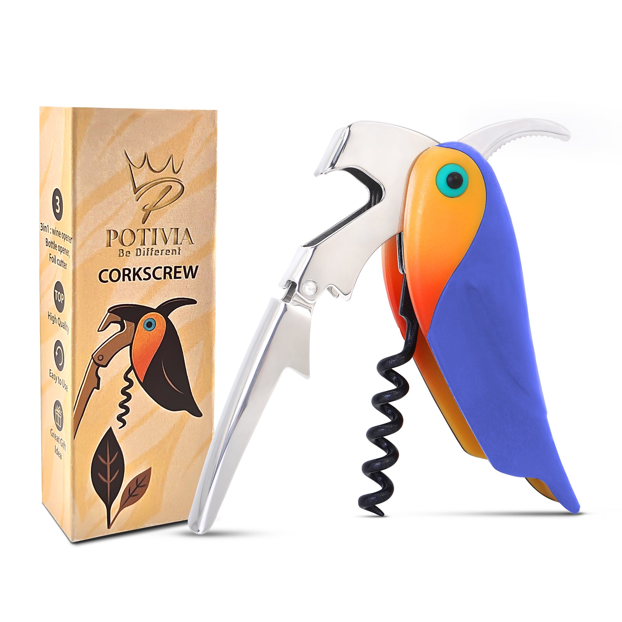 Wine Opener Waiter Corkscrew - Professional Wine Key for Servers & Bartenders with Foil Cutter - Manual Bottle Opener, Double Hinged Bird Shape 3-in-1