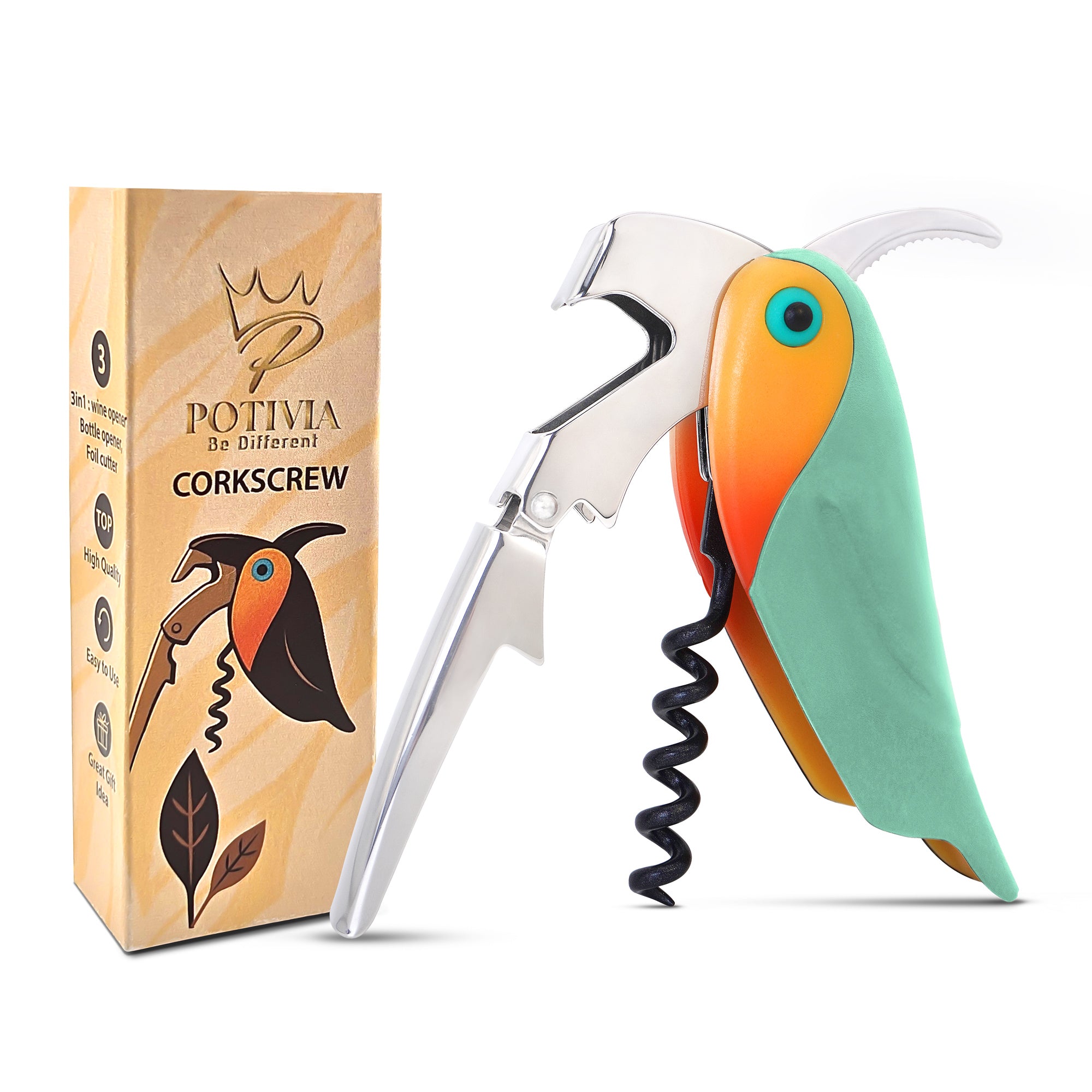 Wine Opener Waiter Corkscrew - Professional Wine Key for Servers & Bartenders with Foil Cutter - Manual Bottle Opener, Double Hinged Bird Shape 3-in-1
