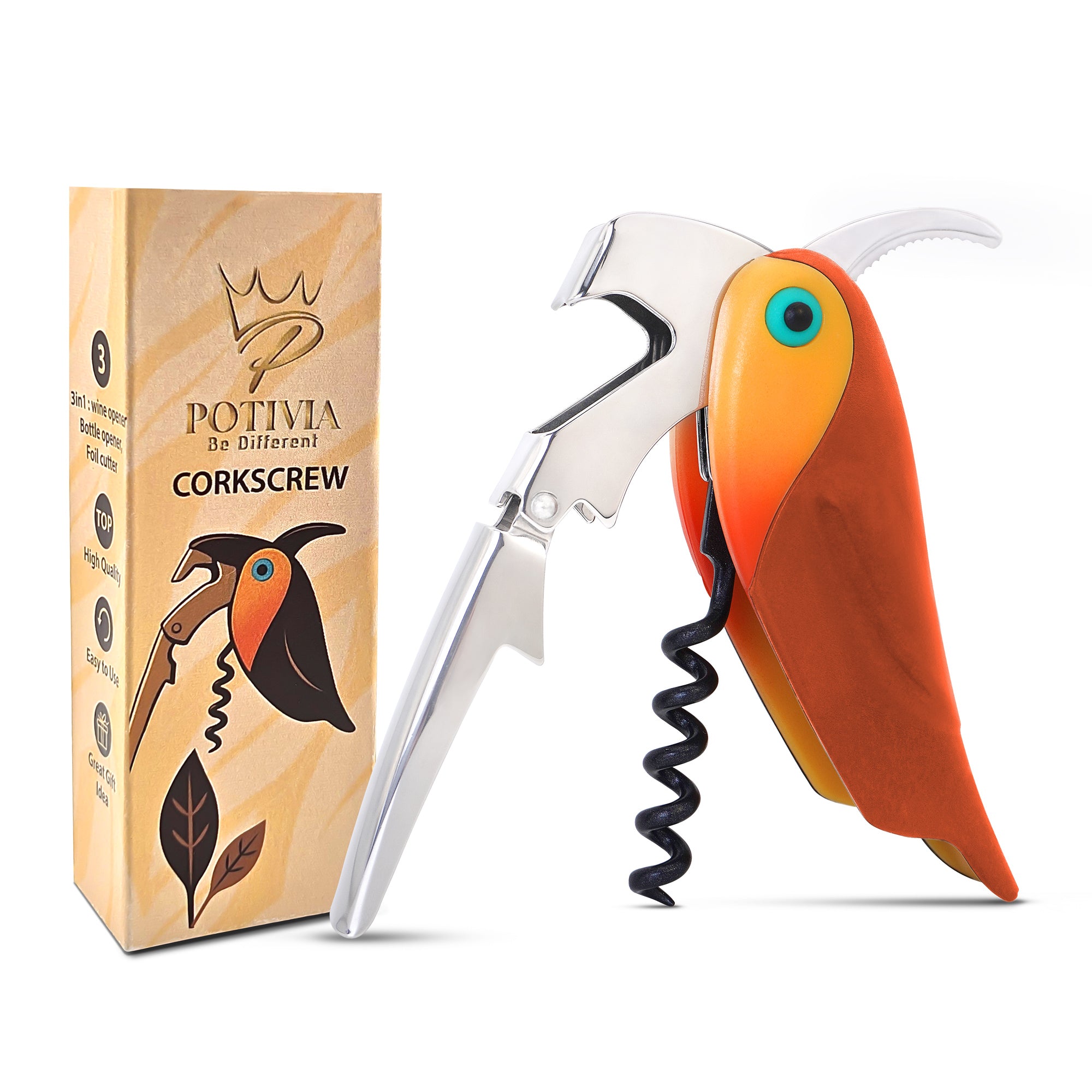 Wine Opener Waiter Corkscrew - Professional Wine Key for Servers & Bartenders with Foil Cutter - Manual Bottle Opener, Double Hinged Bird Shape 3-in-1