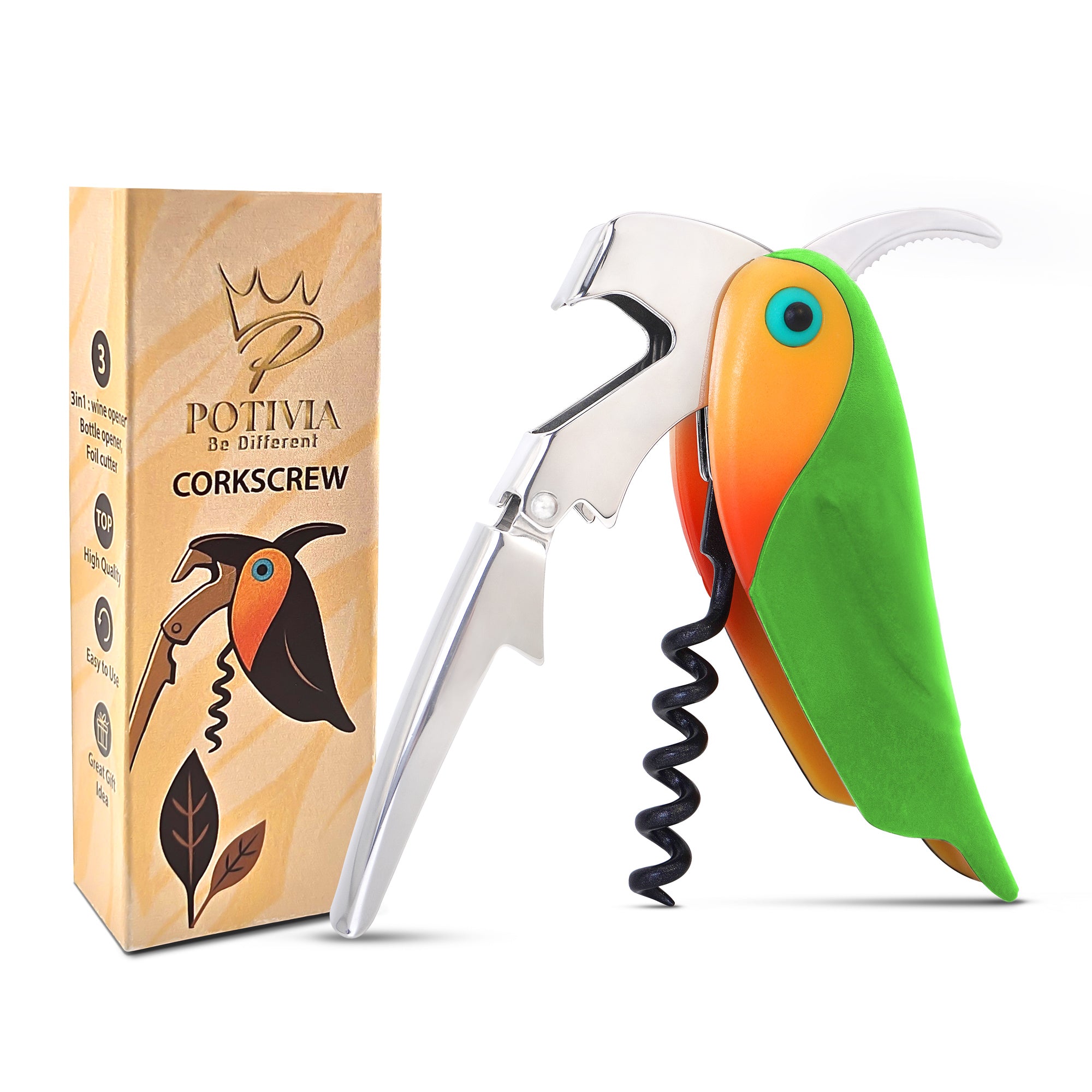 Wine Opener Waiter Corkscrew - Professional Wine Key for Servers & Bartenders with Foil Cutter - Manual Bottle Opener, Double Hinged Bird Shape 3-in-1