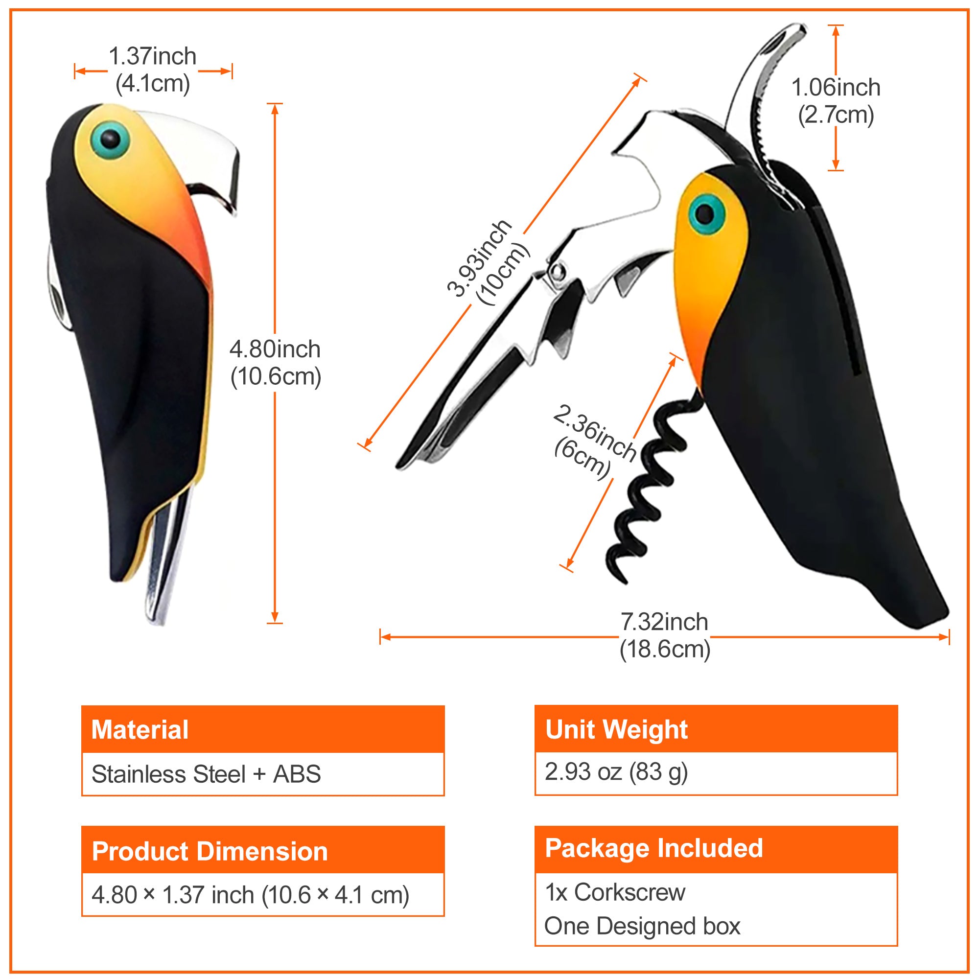 Wine Opener Waiter Corkscrew - Professional Wine Key for Servers & Bartenders with Foil Cutter - Manual Bottle Opener, Double Hinged Bird Shape 3-in-1