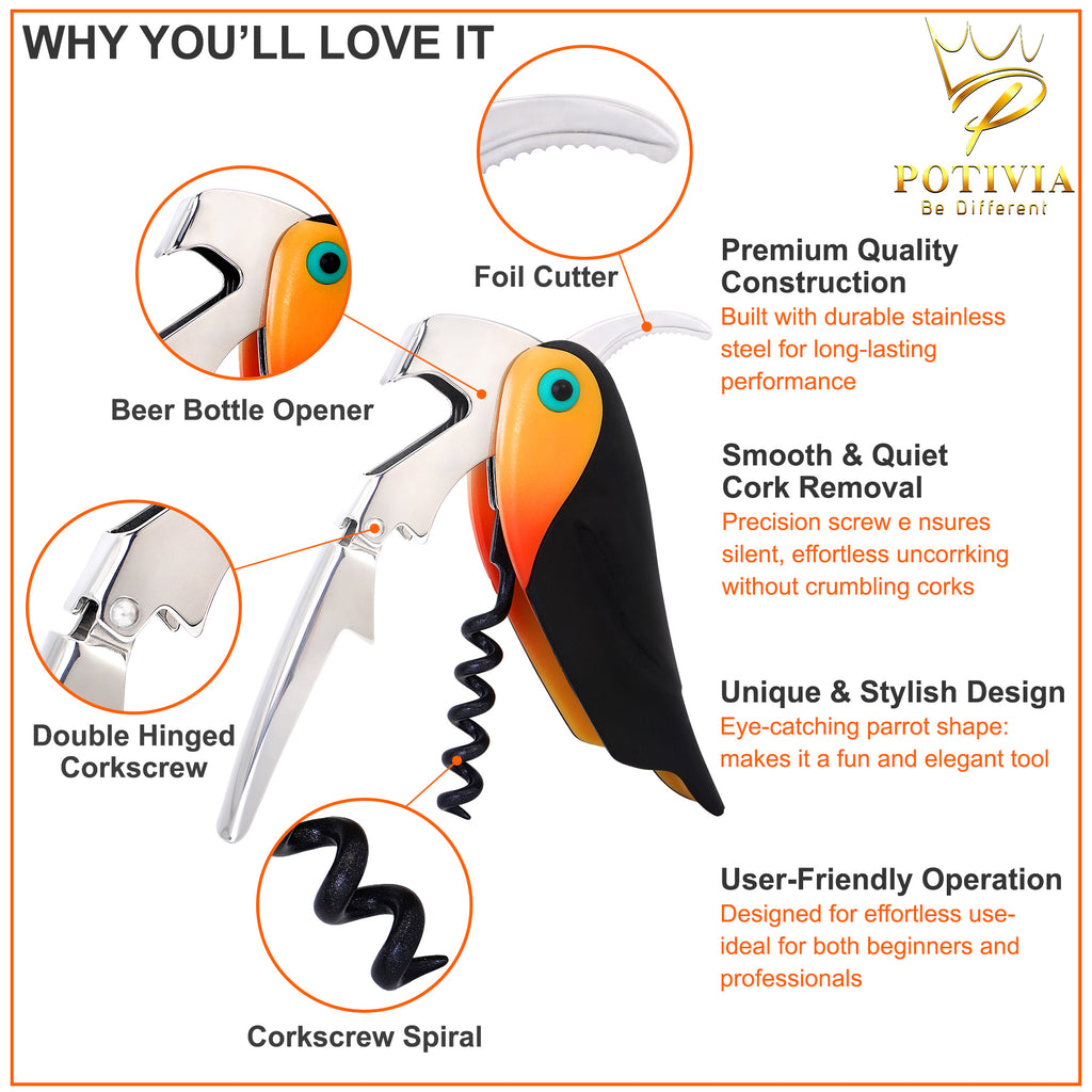 Wine Opener Waiter Corkscrew - Professional Wine Key for Servers & Bartenders with Foil Cutter - Manual Bottle Opener, Double Hinged Bird Shape 3-in-1