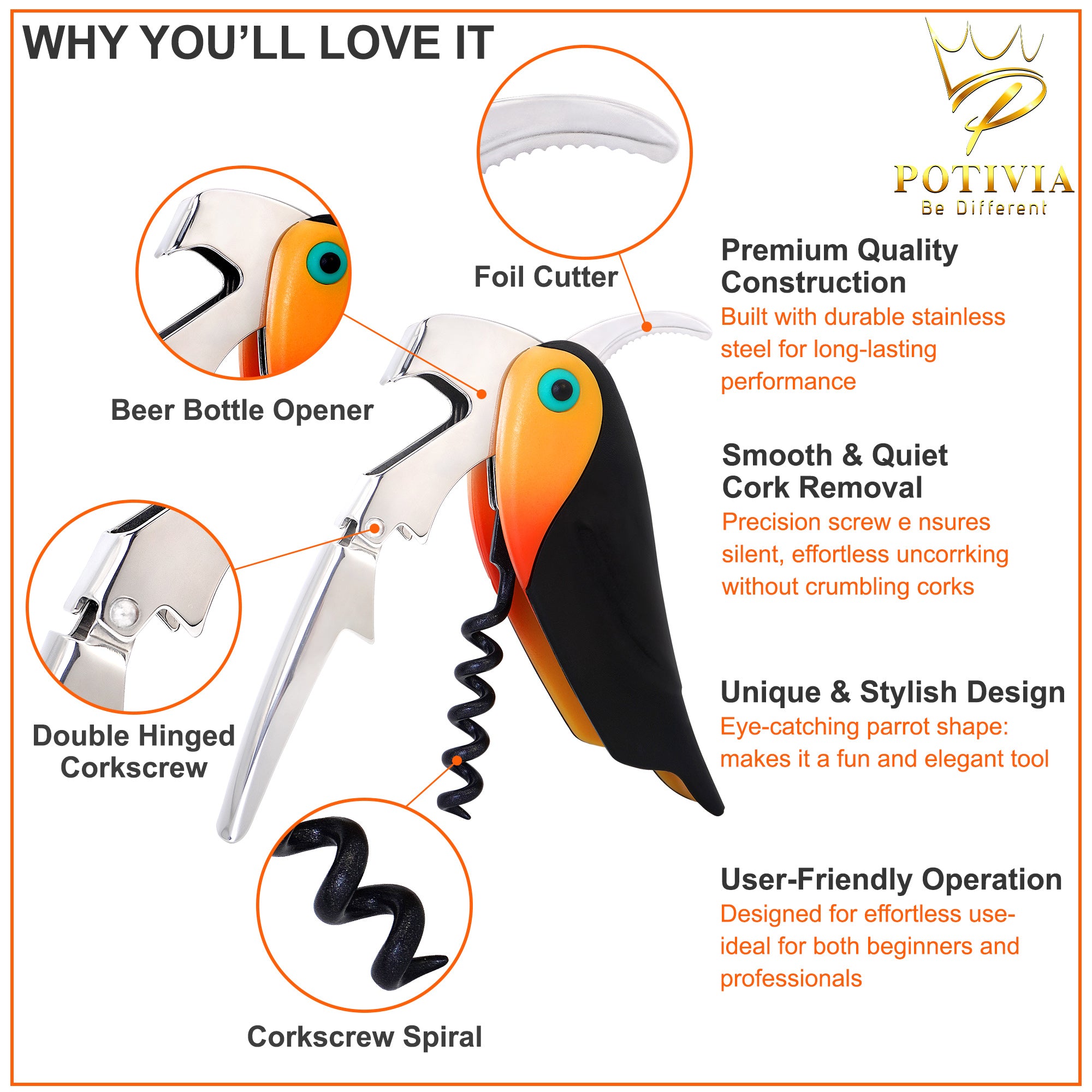 Wine Opener Waiter Corkscrew - Professional Wine Key for Servers & Bartenders with Foil Cutter - Manual Bottle Opener, Double Hinged Bird Shape 3-in-1