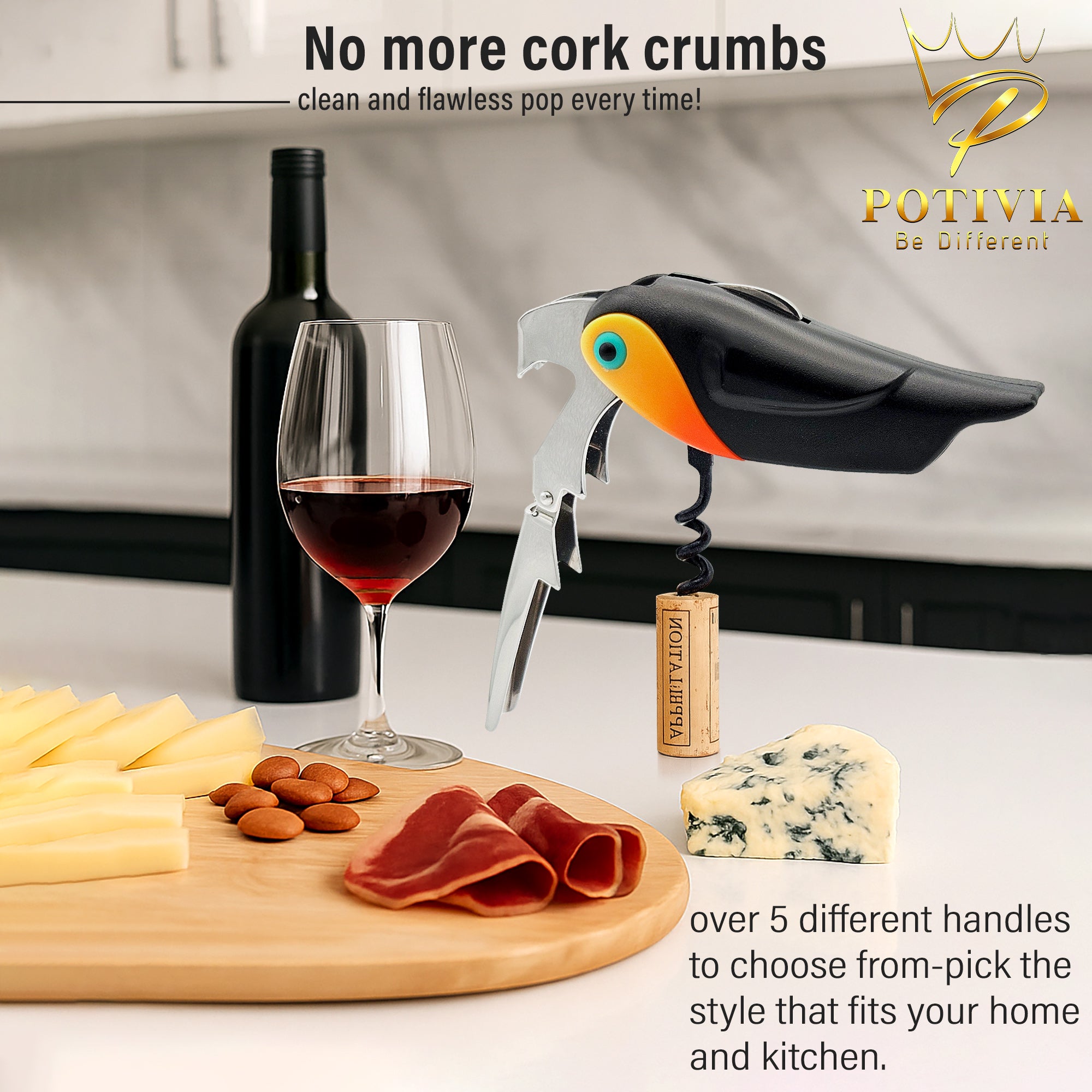 Wine Opener Waiter Corkscrew - Professional Wine Key for Servers & Bartenders with Foil Cutter - Manual Bottle Opener, Double Hinged Bird Shape 3-in-1